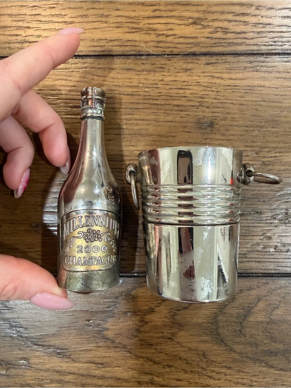 Silver-Tone Wine Bottle with Ice Bucket Accent vintage salt and pepper shakers
